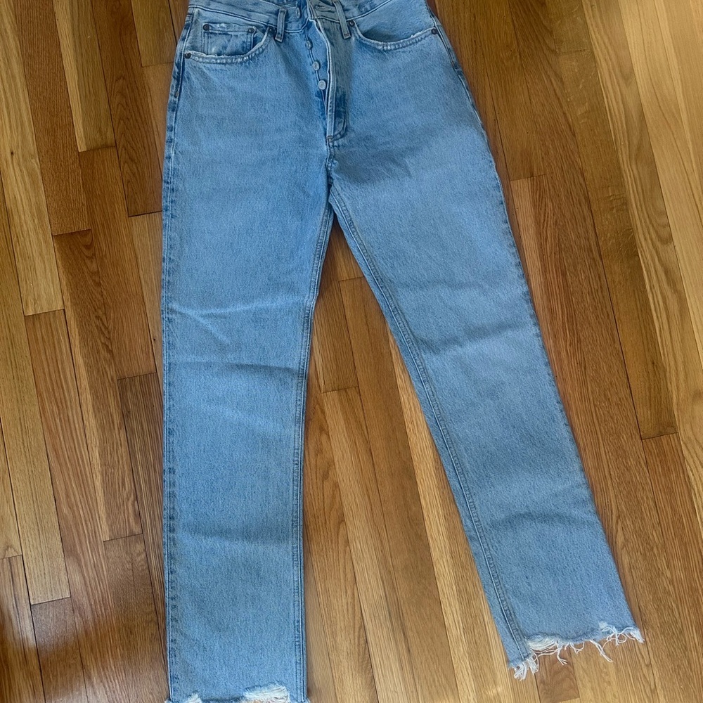 Agolde Blue Straight Leg Jeans with Frayed Hem